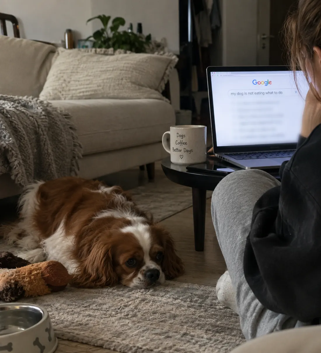 A woman sitting on the living room floor, searching why her dog is not eating, while the spaniel lies beside an untouched bowl