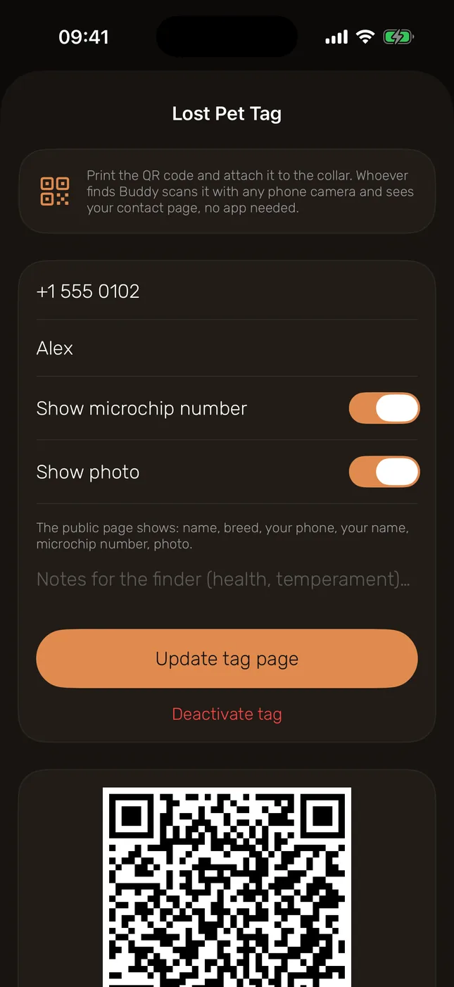 Lost pet QR tag — finders scan it, you get a call