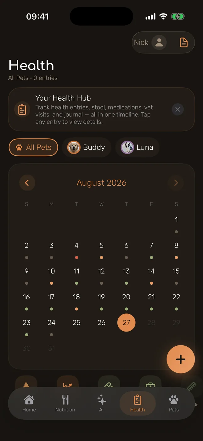 The complete health diary — meals, stool, meds in one timeline